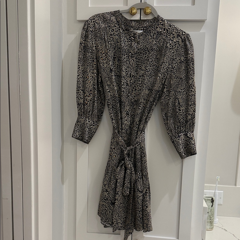 Christy Lynn Leopard Black Print Long Sleeve Short Wrap Dress w/ Waste Tie